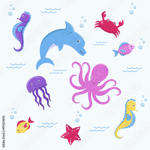 Set of vector marine animals. Marine characters. Illustration for children, education, preschool kids.