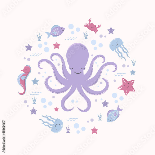 Sea animals  marine creatures. Vector cute illustration  with octopus  dolphin  jellyfish  various fish.