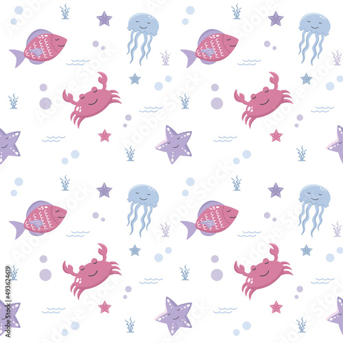 Cute marine seamless pattern, underwater background, crab, starfish and jellyfish.