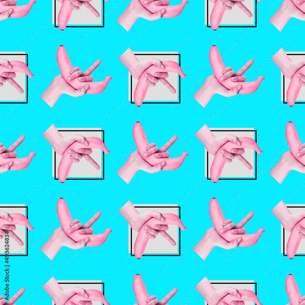 Seamless texture with female hand and showing aggressive gesture with the middle finger holds banana on cyan background/ Art collage. Concept of memphis style. Abstract minimalism. Fuck you concept.