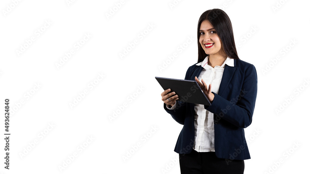 latin business woman smiling with a tablet in her hand on white background latin business woman smiling with a tablet in her hand on white background