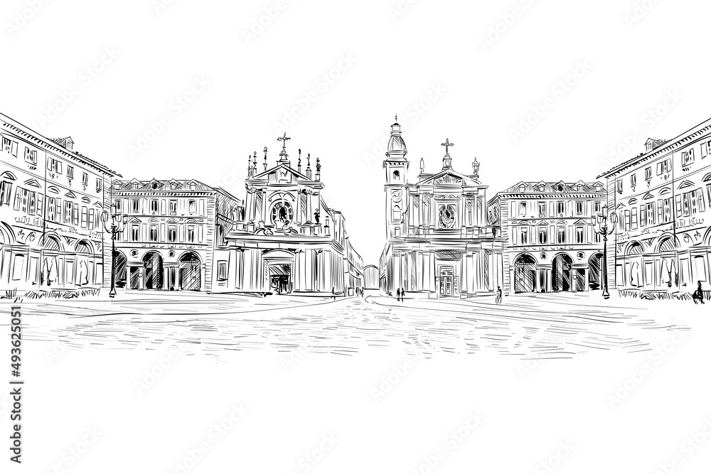 Piazza San Carlo. Turin. Italy. Europe. Hand drawn sketch. Vector illustration.