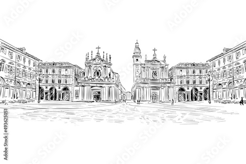 Piazza San Carlo. Turin. Italy. Europe. Hand drawn sketch. Vector illustration. photo