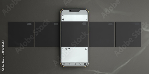 Smartphone with social media carousel interface. Social media design concept, minimal design.