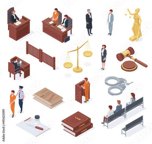 Isometric court, judge, litigation, lawyer, court and jurors. Judiciary pass and acquittal sentence vector illustration set. Justice and jury symbols