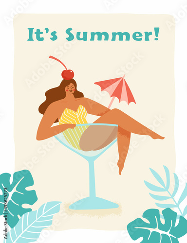 Young girl with a cherry and an umbrella in a big cocktail glass. Vector illustration of an exotic summer vacation concept. Handdrawn poster or banner template in trendy retro style.