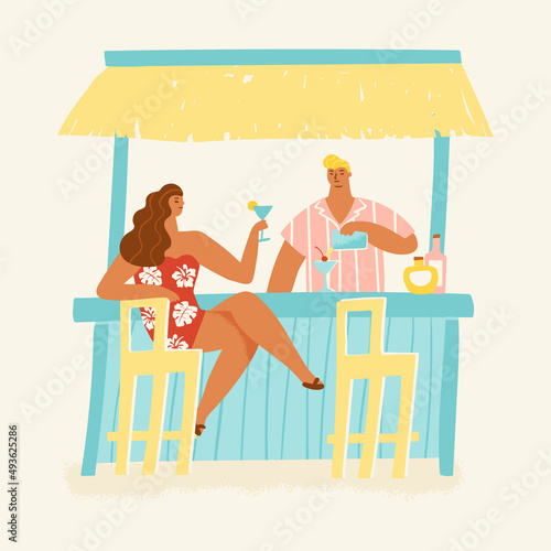 Summer beach bar. Girl in swimsuit drinking a cocktail and barman making drinks. Vector illustration of an exotic  summer vacaton concept. Trendy retro style.