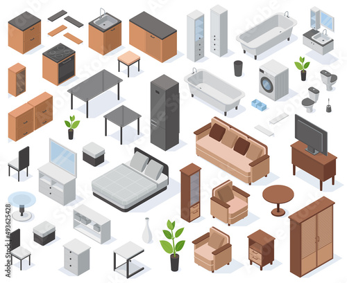 Isometric apartment 3d furniture, home interior elements. Modern living room, kitchen and bathroom elements vector illustration set. Apartment interior icons