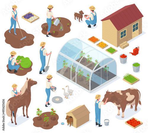 Isometric garden, farm characters, 3d greenhouse, agriculture elements. Gardeners, farm workers and farm animals vector illustration set. Farm agricultural equipment
