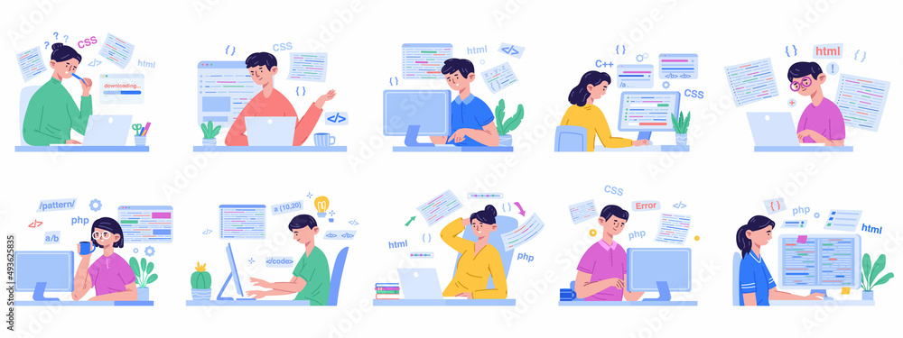 Fototapeta premium Programmers, software developers, code engineer characters. Human characters working on laptop vector illustration set. People using programming language