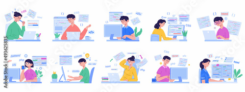 Programmers, software developers, code engineer characters. Human characters working on laptop vector illustration set. People using programming language