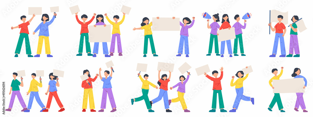 Protest action, social activist characters, diversity protest movement. Activists holding placard, political manifestation vector illustration set. Political human rights Protest action, social activist characters, diversity protest movement. Activists holding placard, political manifestation vector illustration set. Political human rights
