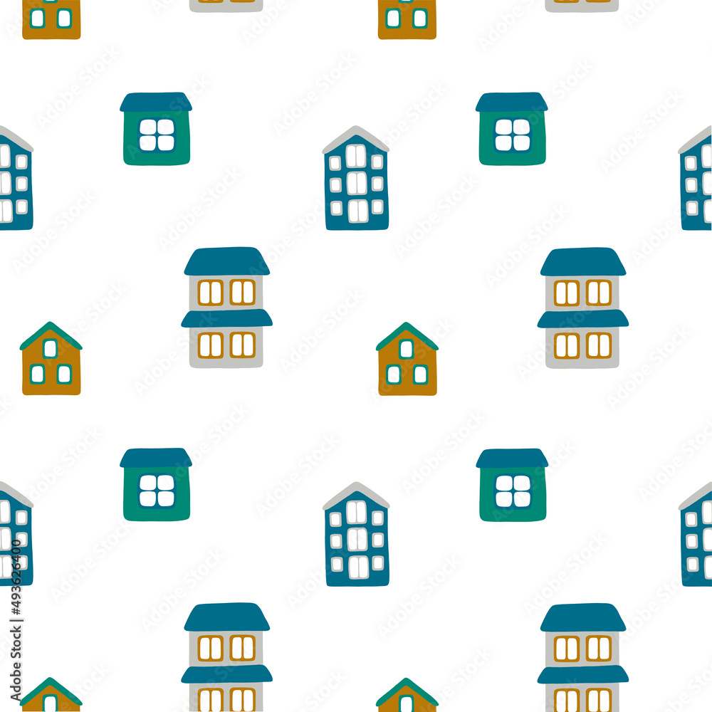 Vector seamless pattern with small cartoon houses on white background. Cute illustration for wallpaper, wrapping paper, background, fabric, textile. Vector seamless pattern with small cartoon houses on white background. Cute illustration for wallpaper, wrapping paper, background, fabric, textile.