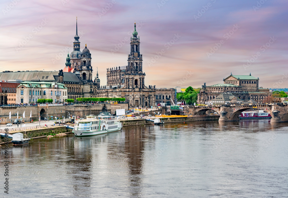 Dresden cityscape and Elbe river at sunset, Saxony, Germany