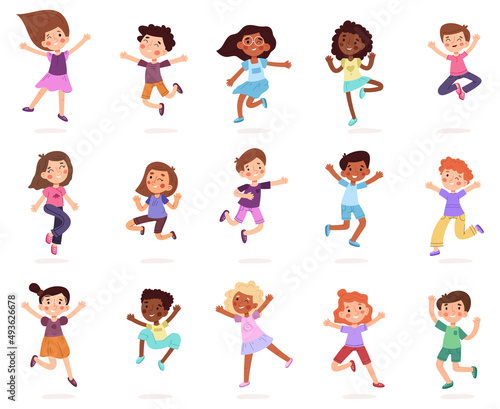 Children jumping, happy cute little cartoon kids. Excited children having fun together vector illustration set. Boys and girls playing