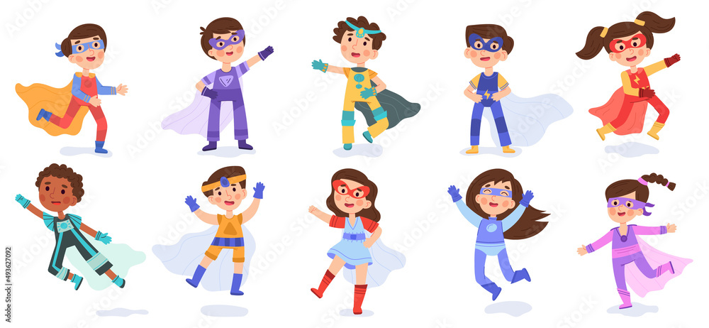 Children heroes, cartoon superhero kids strong characters. Multiracial kids superheroes wearing hero cloaks vector illustration set. Cute little superheroes