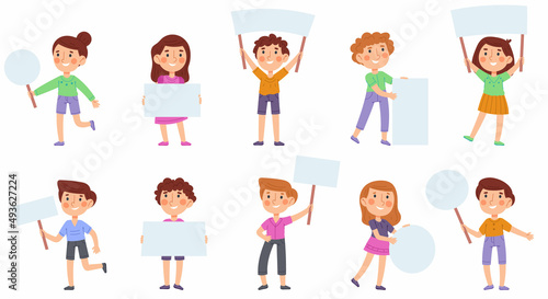 Cartoon kids hold banners, cute children with blank placards. Little boys and girls holding blank paper banners vector illustration set. Children with advertising posters