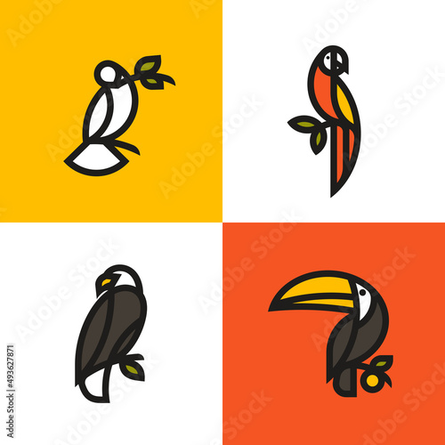 White dove, macaw parrot, bald eagle and toucan. Bold line style logo mark templates or icons set of birds sitting on branches