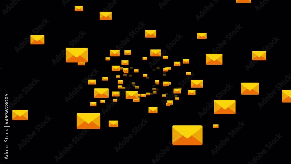Endless loop camera moving through email on alpha channel background.