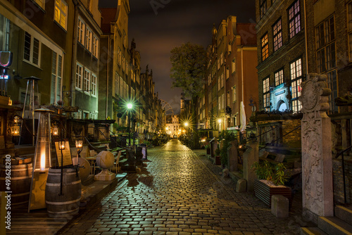 Night Shot of Mariacka Street (Ulica Mariacka) in Gdansk, Poland, Looking towards the Motlawa River