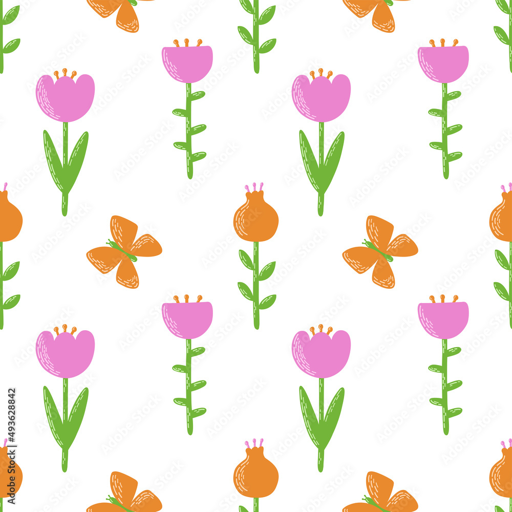 Floral seamless pattern with flower and butterfly. Vector Illustration in orange, pink and green colors for fabric, textile, background, wallpaper.
