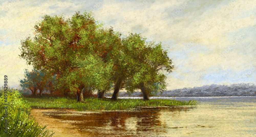 Fine art, artwork. Summer paintings landscape with tree and water