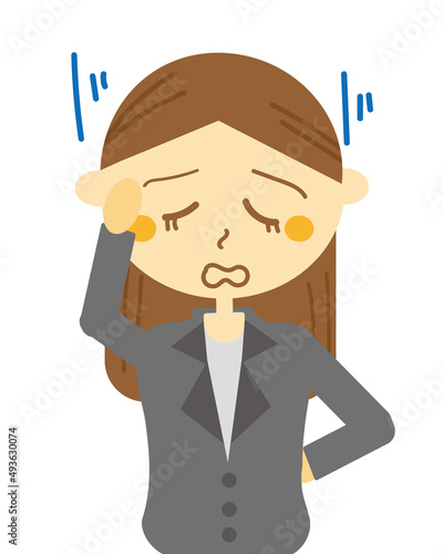 職場でマタハラやモラハラが酷くて辞職しようかと悩んでいる女性社員のイラスト・頭痛・片頭痛・落ち込む