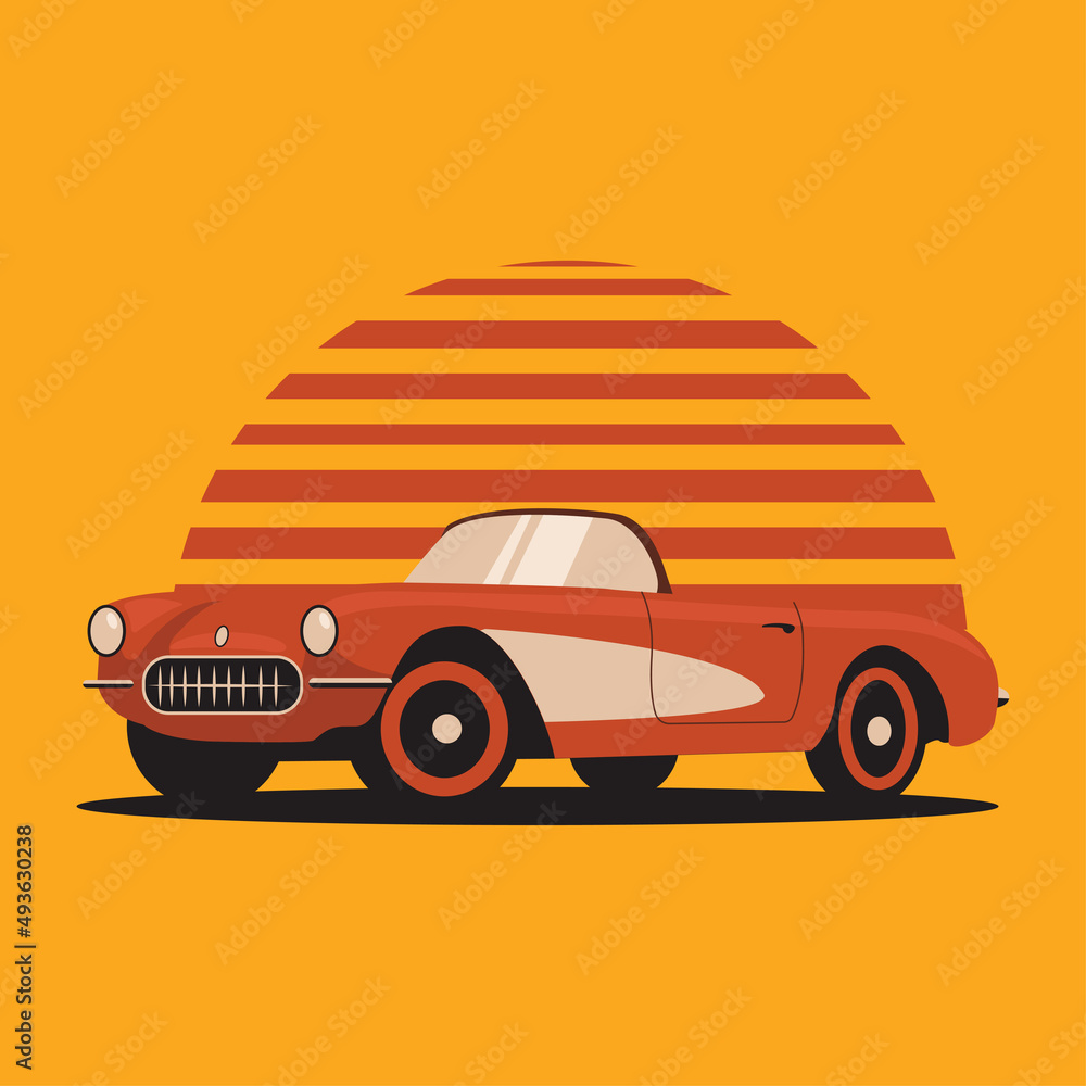 Flat vector illustration of a retro vintage red car on a yellow background