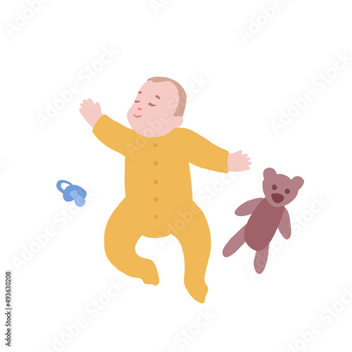 Baby sleeps with baby accessories. Infant in a bodysuit lies resting.