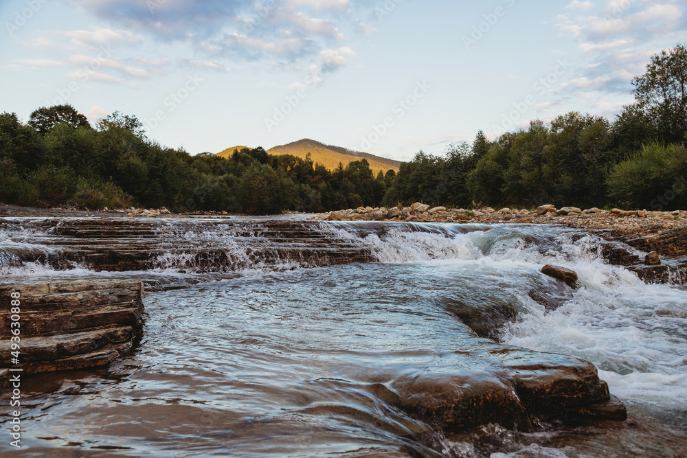 Mountain river flowing through the trees Mountain river flowing through the trees