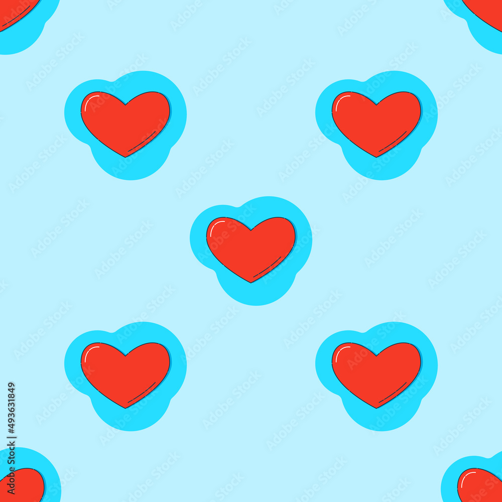 Line art seamless pattern in the form of a red heart on blue shape. Romance graphic texture. Holiday celebration concept. Decorative print. Geometric bright wallpaper. Black contour line