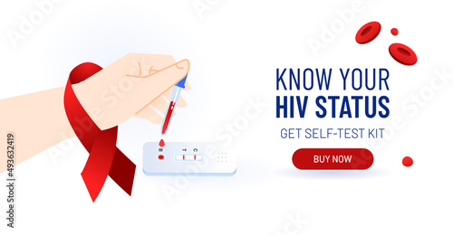 Female hand with HIV self-test . Express home kit for self analysis. Rapid exam for AIDS prevention. Bright vector illustration concept for landing or website