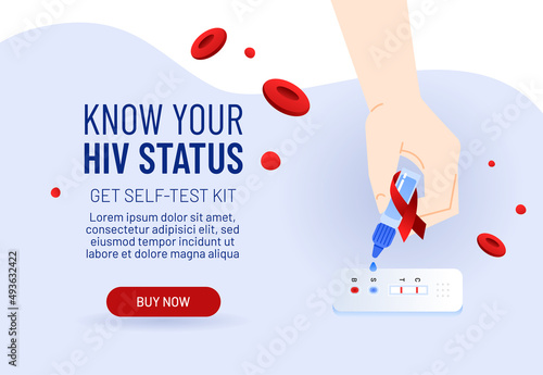 Female hand with syringe for HIV self-test . Express home kit for self analysis. Rapid exam for AIDS prevention. Bright vector illustration concept for landing or website