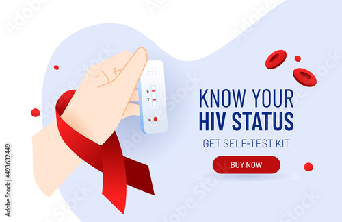 Female hand with HIV self-test . Express home kit for self analysis. Rapid exam for AIDS prevention. Bright vector illustration concept for landing or website