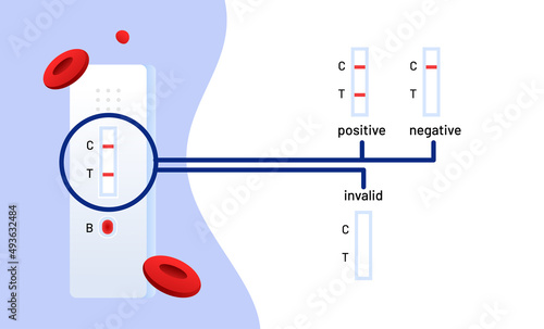 HIV self-test result description with floating red blood cells. Representation of the blood test results. Rapid exam for AIDS prevention. Bright vector illustration concept