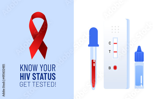 HIV self-test description and equipment. Pipette with blood sample, test fluid and express home kit for self analysis. Rapid exam for AIDS prevention. Bright vector illustration concept