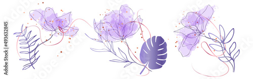 Watercolor floral illustration set - grasses, ferns and leaves for your own design. Gold ribbons and splashes. Wedding stationery, greeting cards, wallpaper or background.