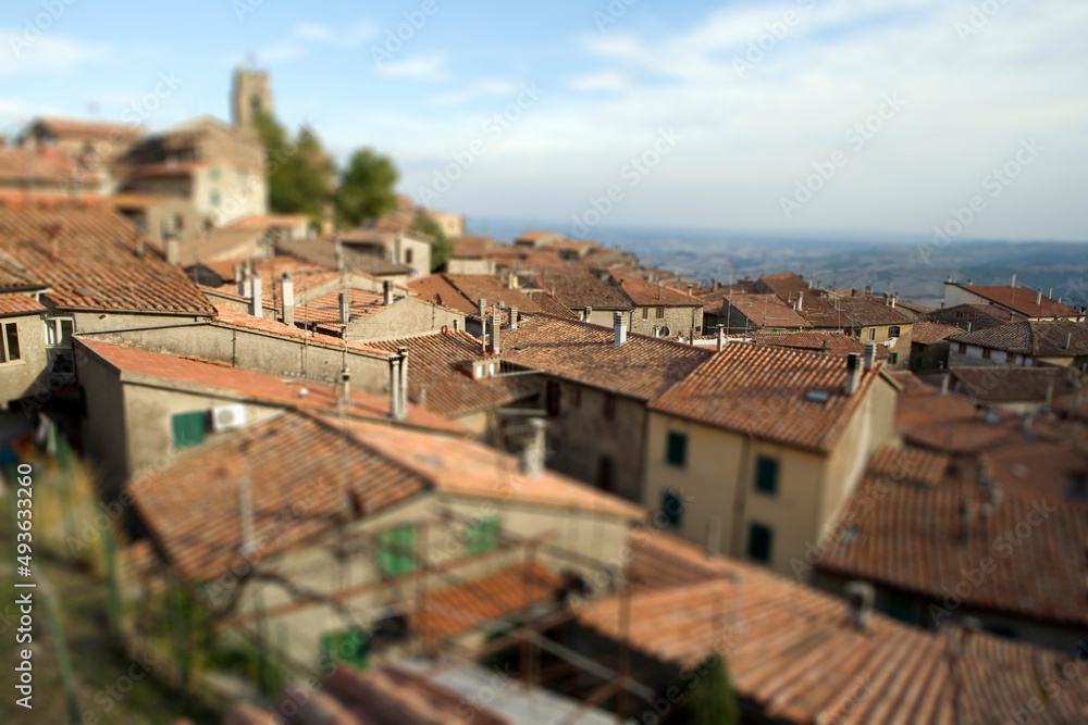 Tilt-shift - View of rootops of Piancastagnaio with countryside - Italy