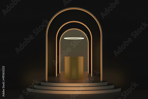 Abstract minimal geometric black arched opening with golden edges  steps and cylindrical platform  simple clean wall mockup  art deco wall niche  3d rendering  3d illustration