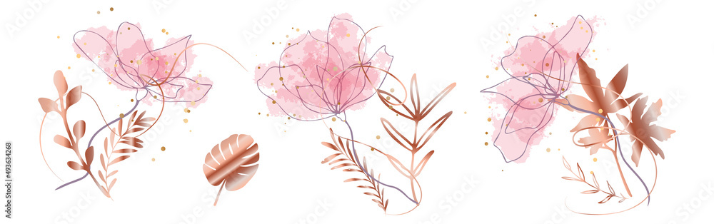 Obraz premium Watercolor floral illustration set - grasses, ferns and leaves for your own design. Gold ribbons and splashes. Wedding stationery, greeting cards, wallpaper or background.
