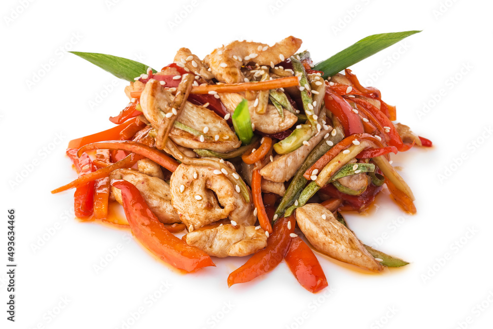 Fried chicken with vegetables, fast food. Photo of food on a white background Fried chicken with vegetables, fast food. Photo of food on a white background