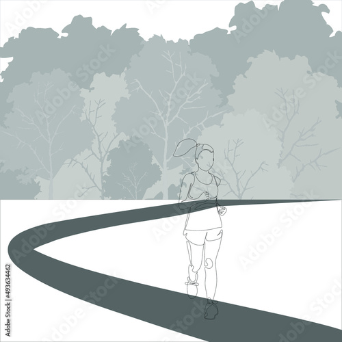 One single line drawing of young energetic woman runner run relax vector illustration. Young people running at road in the morning. Healthy sport training concept. Vector illustration