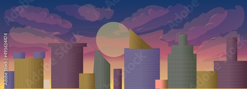Sunset City Panorama Game Background Vector Illustration
