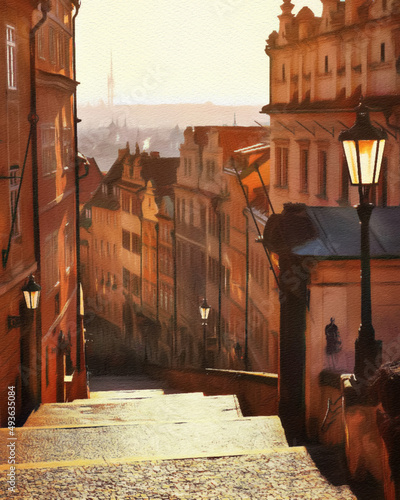 Digital painted famous place in Prague city, Czech Republic. Old European architecture. Popular touristic place for visit. Pastel on canvas drawing, paper texture on background