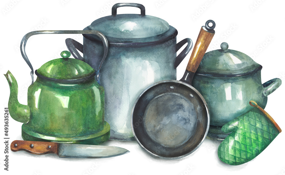 Vintage kitchen utensils. Pot, frying pan, kettle, knife