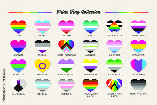 LGBTQ+ sexual identity pride flags collection. Flag of gay, transgender, bisexual, lesbian etc. Pride concept. Rainbow heart