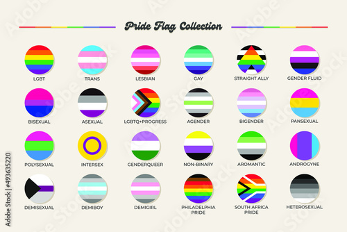 LGBTQ+ sexual identity pride flags collection. Flag of gay, transgender, bisexual, lesbian etc. Pride concept