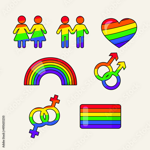 Pride LGBTQ+ icon set, LGBTQ+ related symbols set in rainbow colors. Gay Pride Month. Flat design signs isolated on white background