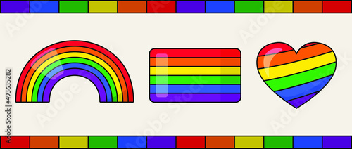 Pride LGBTQ+ icon set, LGBTQ+ related symbols set in rainbow colors. Gay Pride Month. Flat design signs isolated on white background