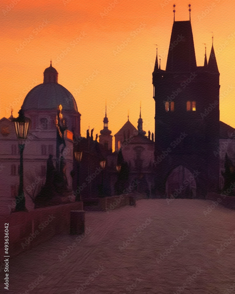 Digital painted famous place in Prague city, Czech Republic. Old European architecture. Popular touristic place for visit. Pastel on canvas drawing, paper texture on background
